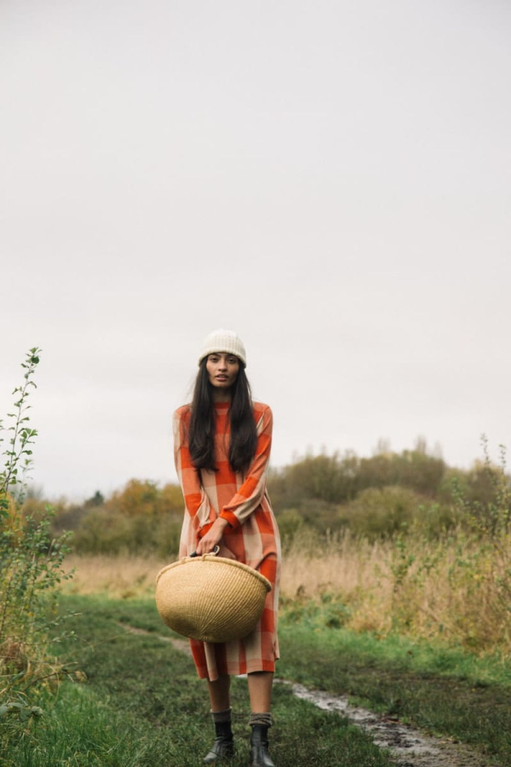 Miki-Cay Organic Cotton Knitted Check Dress - Brick and Sand - Dresses