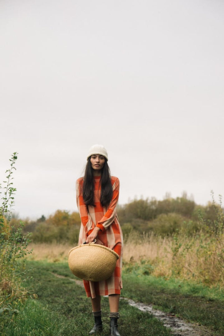 Miki-Cay Organic Cotton Knitted Check Dress - Brick and Sand - Dresses