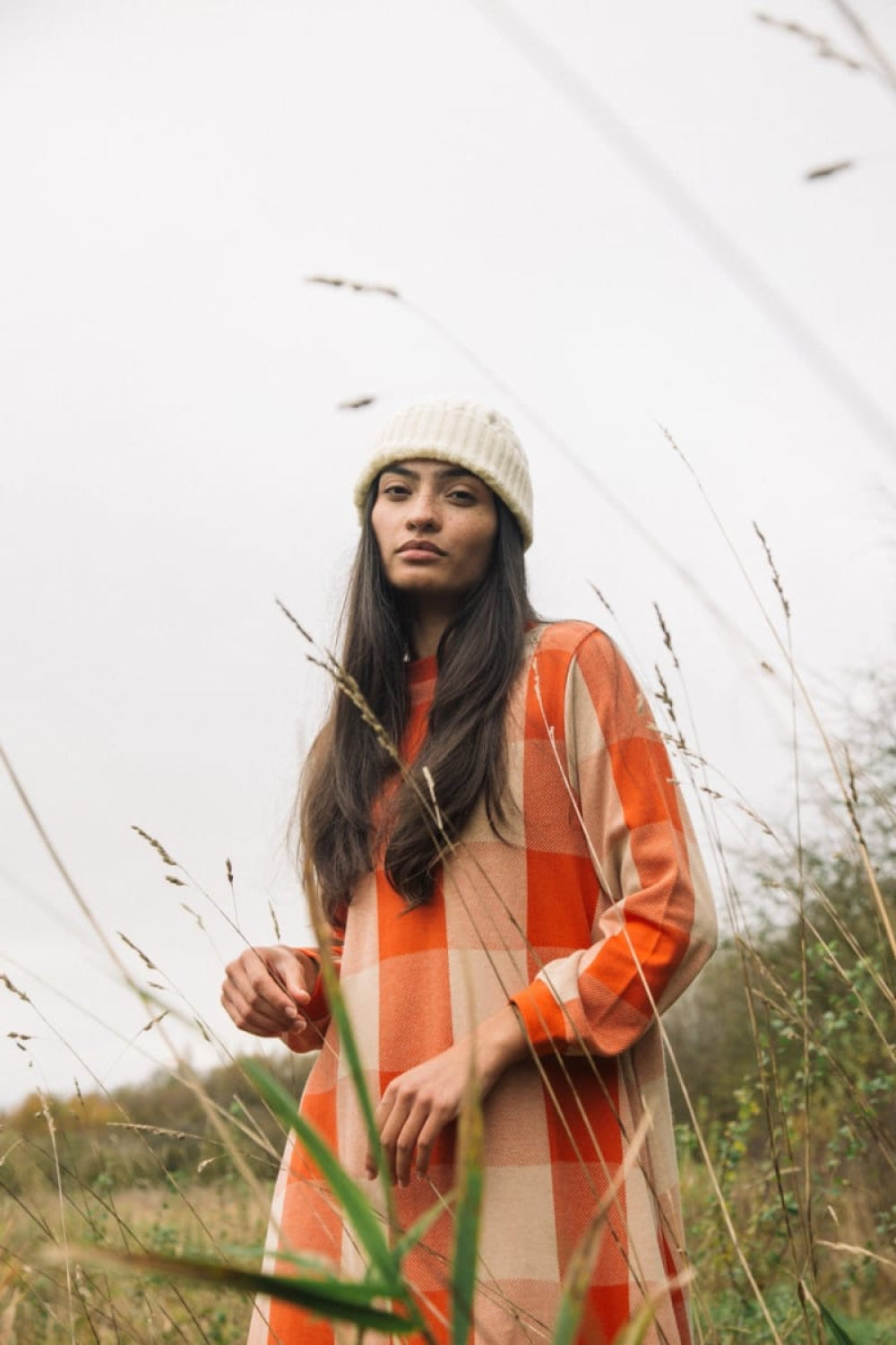 Miki-Cay Organic Cotton Knitted Check Dress - Brick and Sand - Dresses