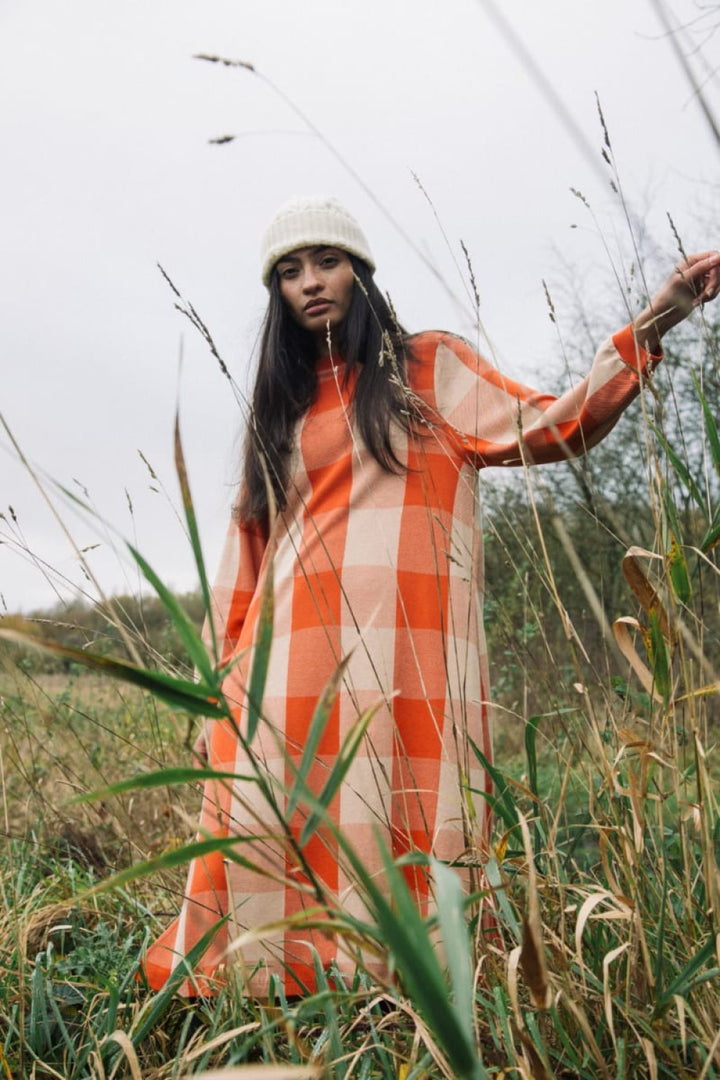 Miki-Cay Organic Cotton Knitted Check Dress - Brick and Sand - Dresses