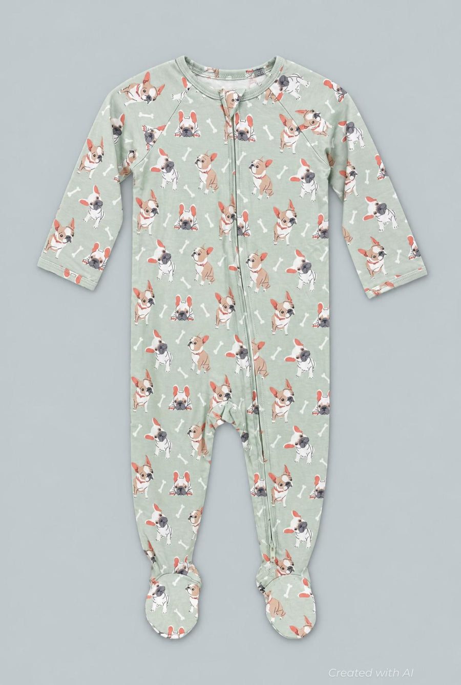 Mint Frenchie Puppy Zipper Footie - Frenchie Fun - Onesie