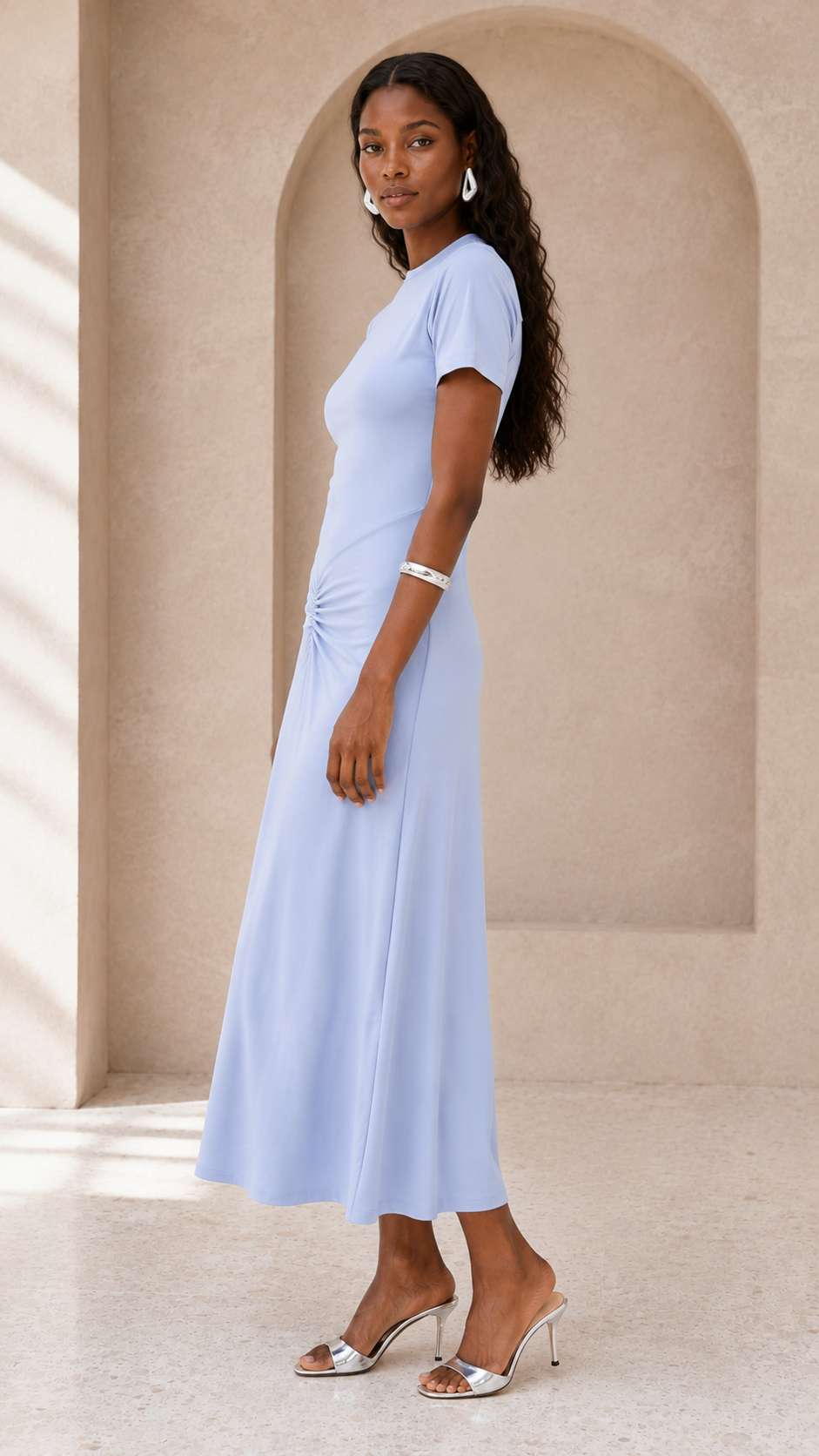 Gathered Waist T-Shirt Midi Dress - Delphinium Blue