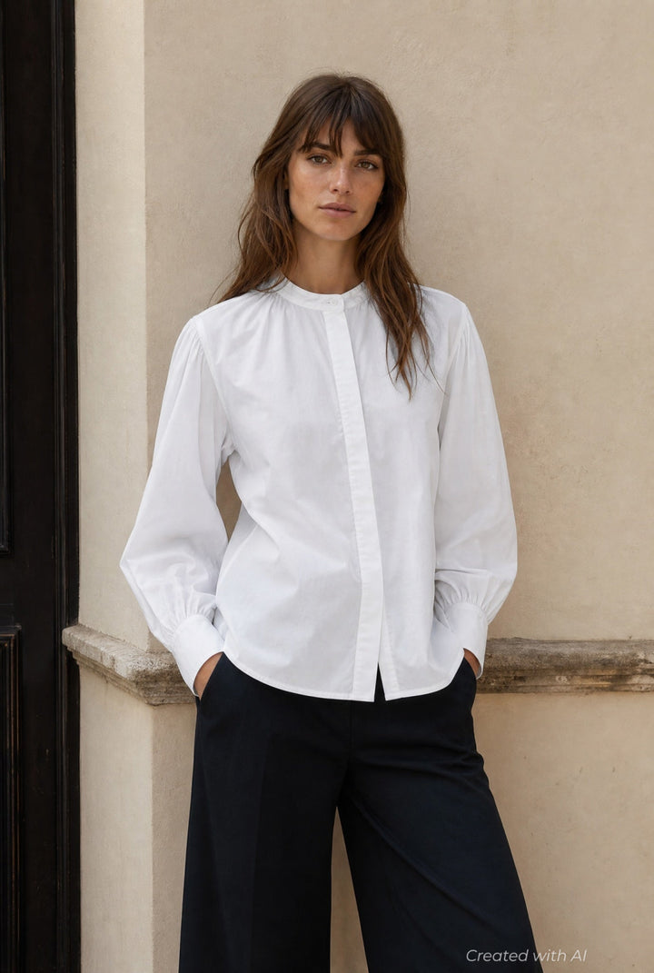 Mock Neck Button Up - White - Blouse