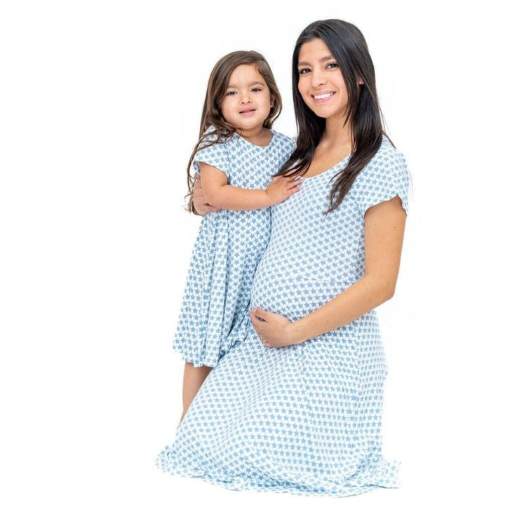 Mommy Swirly Girl Dress - Hearts and Stars Blue - Dresses
