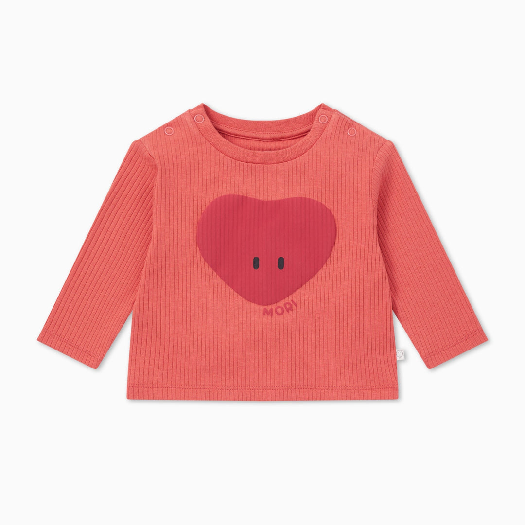 Ribbed Heart Puff Print Drop Shoulder T-Shirt - Spiced Coral