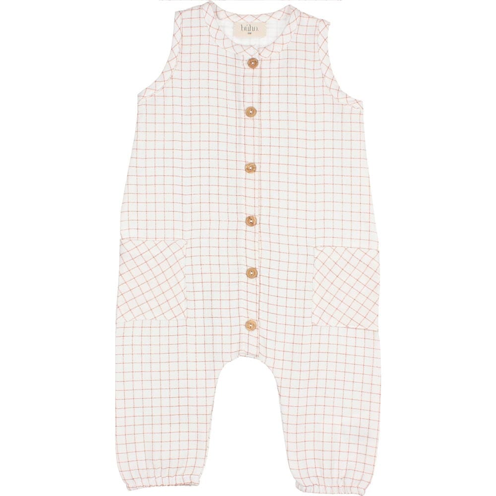 Button Front Mini Check Jumpsuit with Pockets - Terracotta