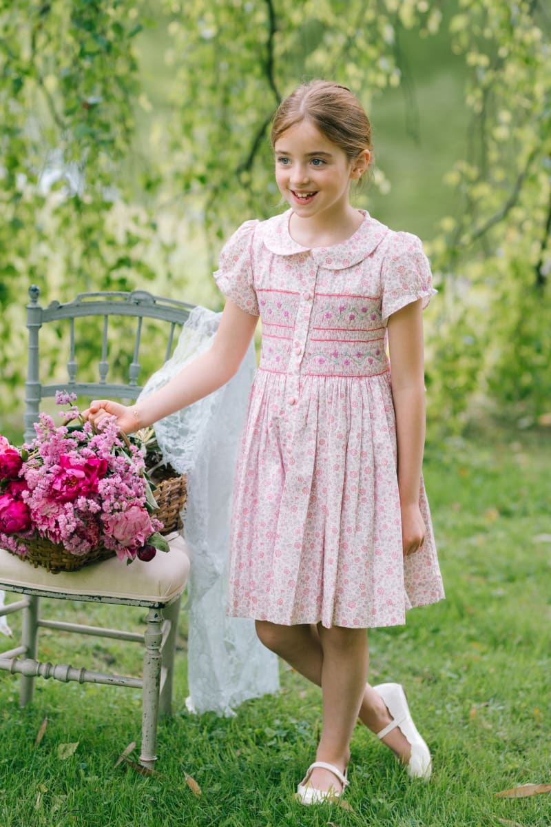 Violette Short Puff Smocked Dress - Floral/Pink