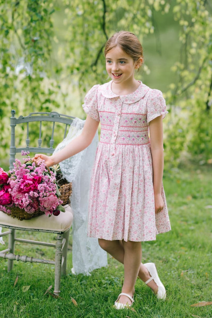 Violette Short Puff Smocked Dress - Floral/Pink