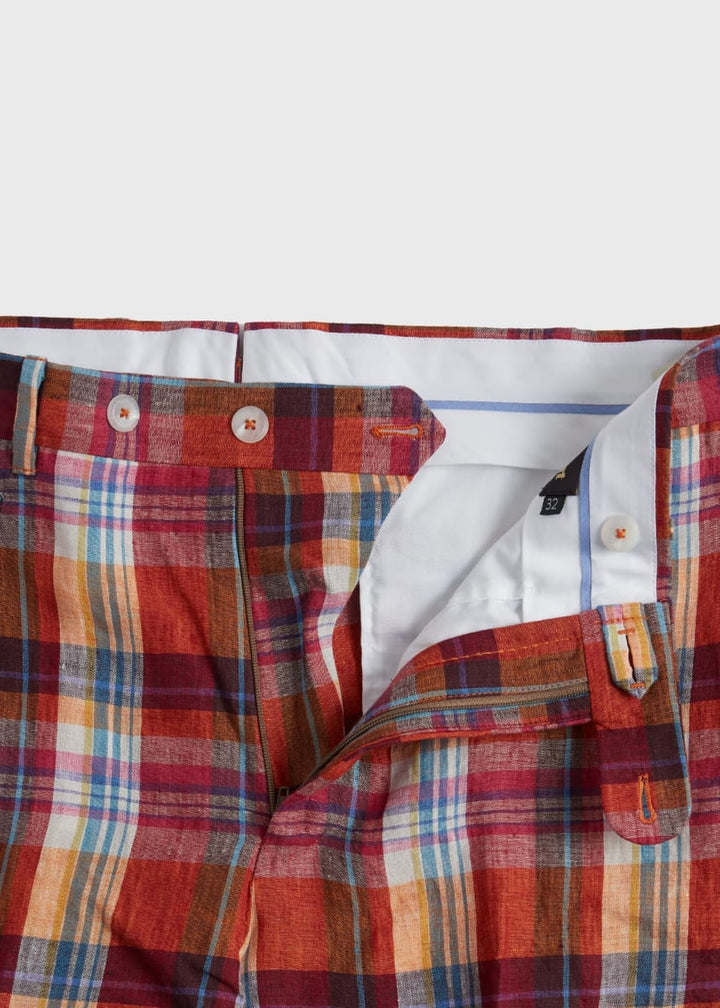 Linen Plaid Plain Front Dress Trouser - Crimson