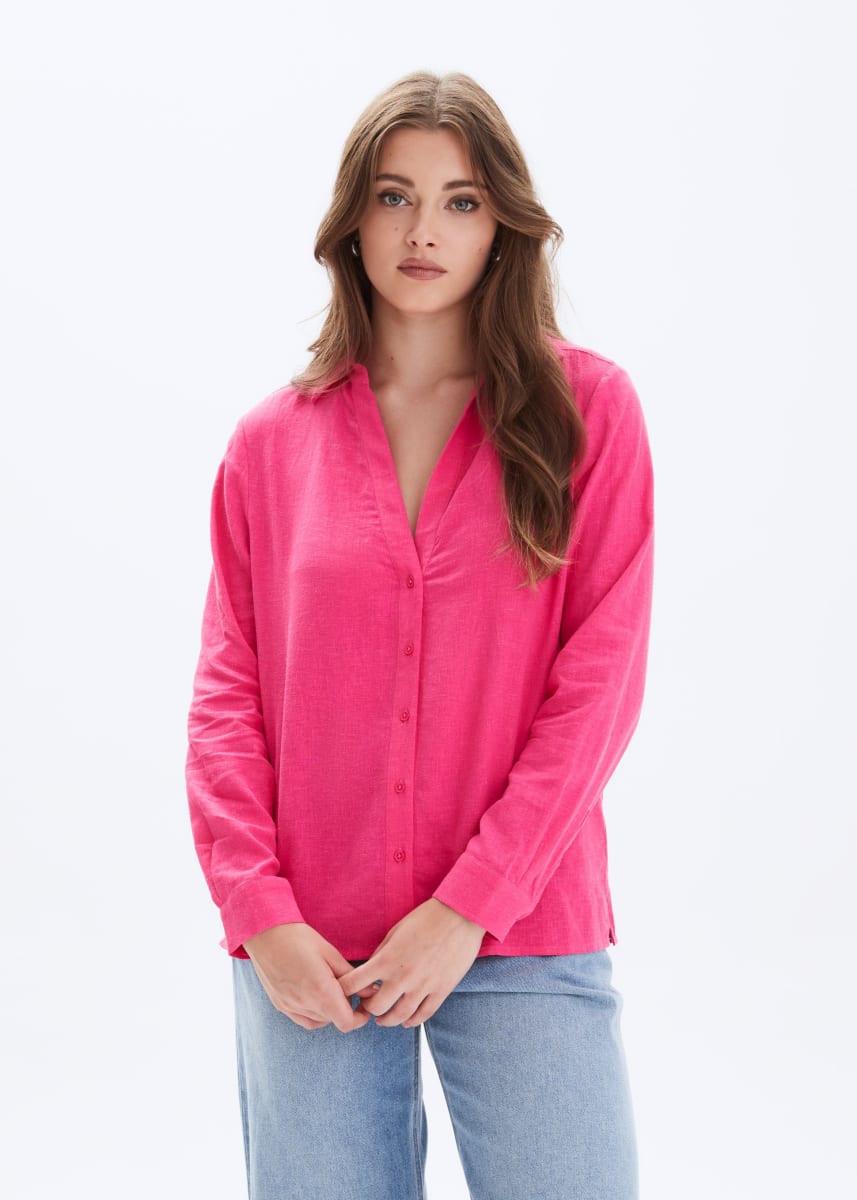 Frida Linen Button Up Shirt - Strawberry Pink