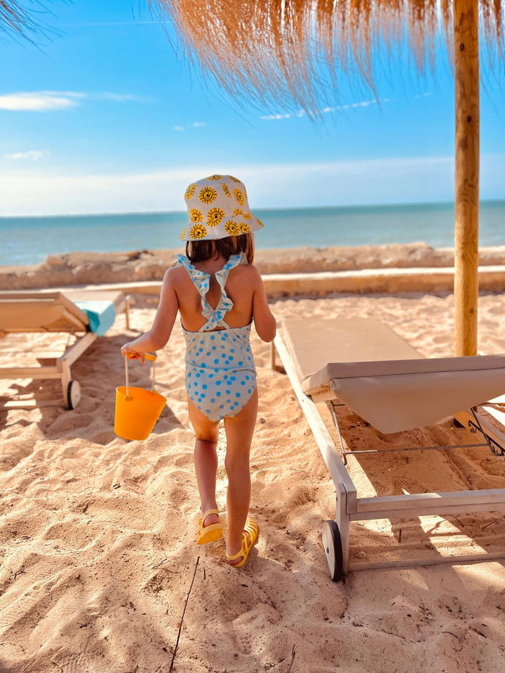 Recycled Polyester Sea Foam Dotted Ruffle Kid Swimsuit - Sea Foam/della Blue
