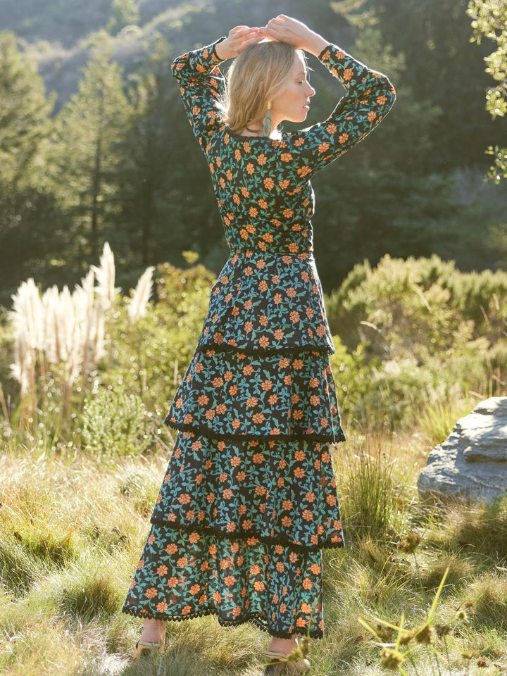 Brenda Tiered Skirt - Faded Black/Bright Clementine & Moss Floral