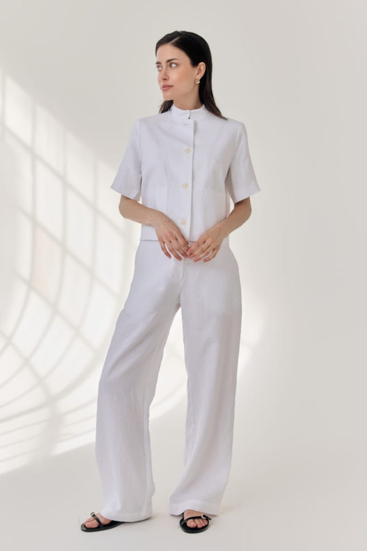 Short Sleeve Linen Jacket - White