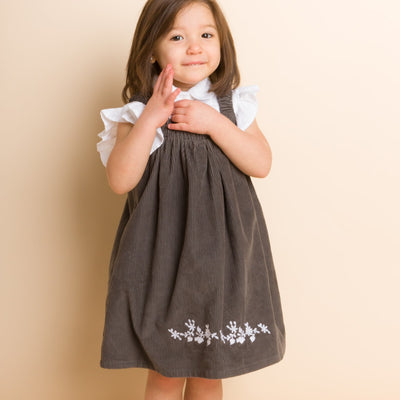Toddler Pinafore Corduroy Dress With Embroidery - Gray & White
