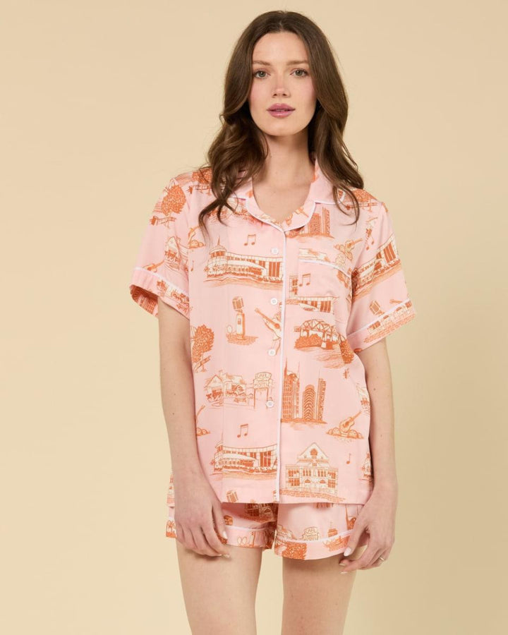 Nashville Toile Pajama Shorts Set - Pink - Pajamas