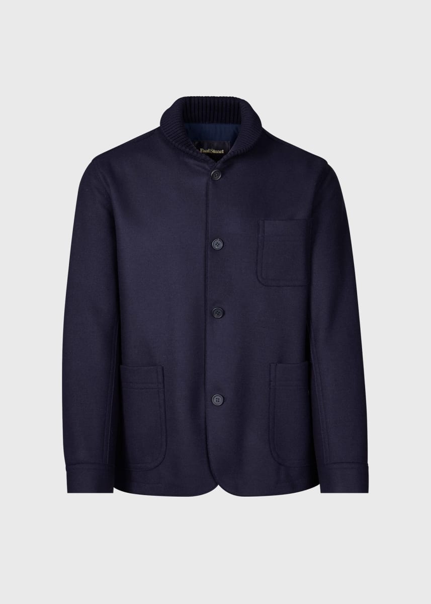 Wool Knit Jersey Double Breasted Blazer - Navy