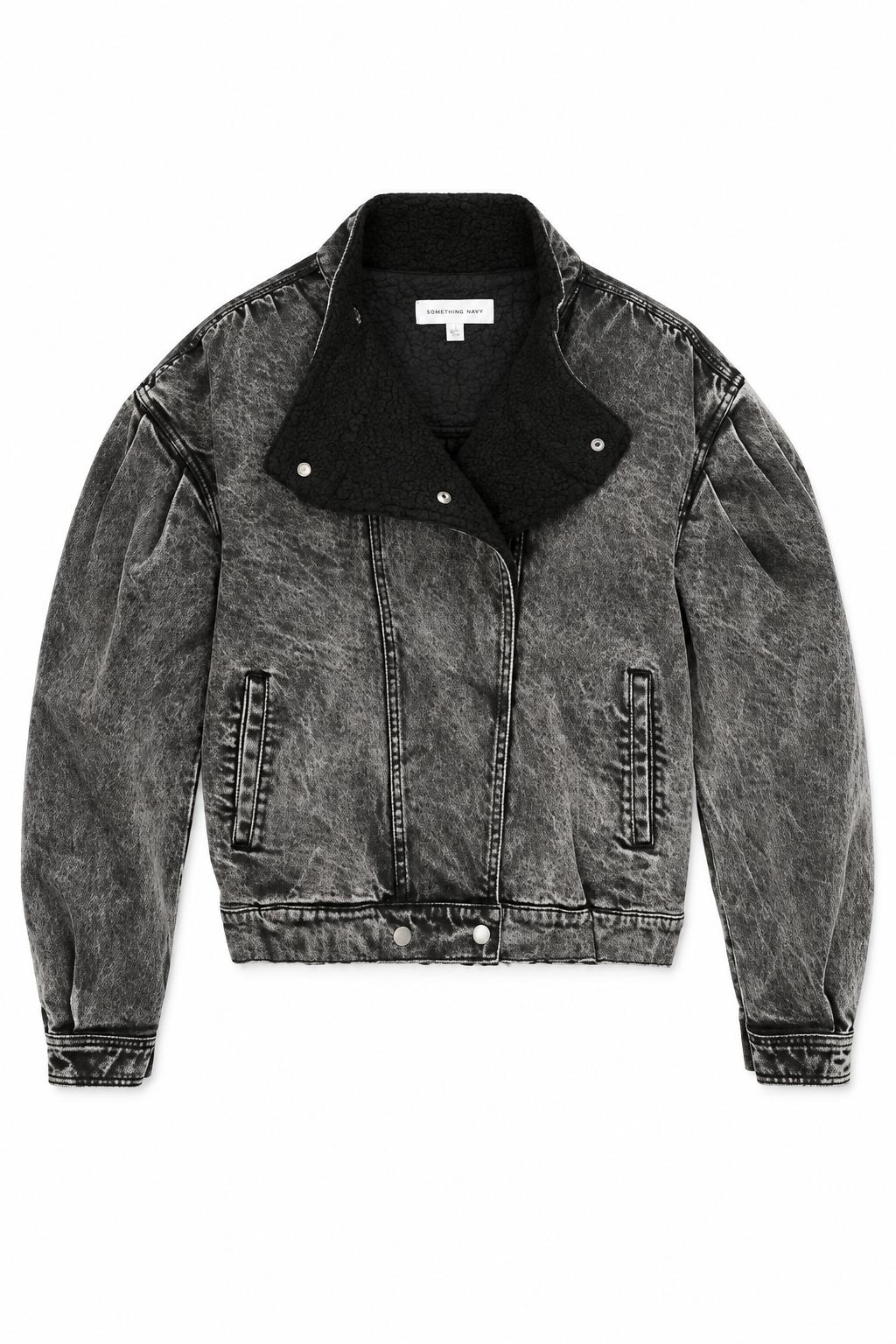 Teddy Denim Moto Jacket - Washed Black