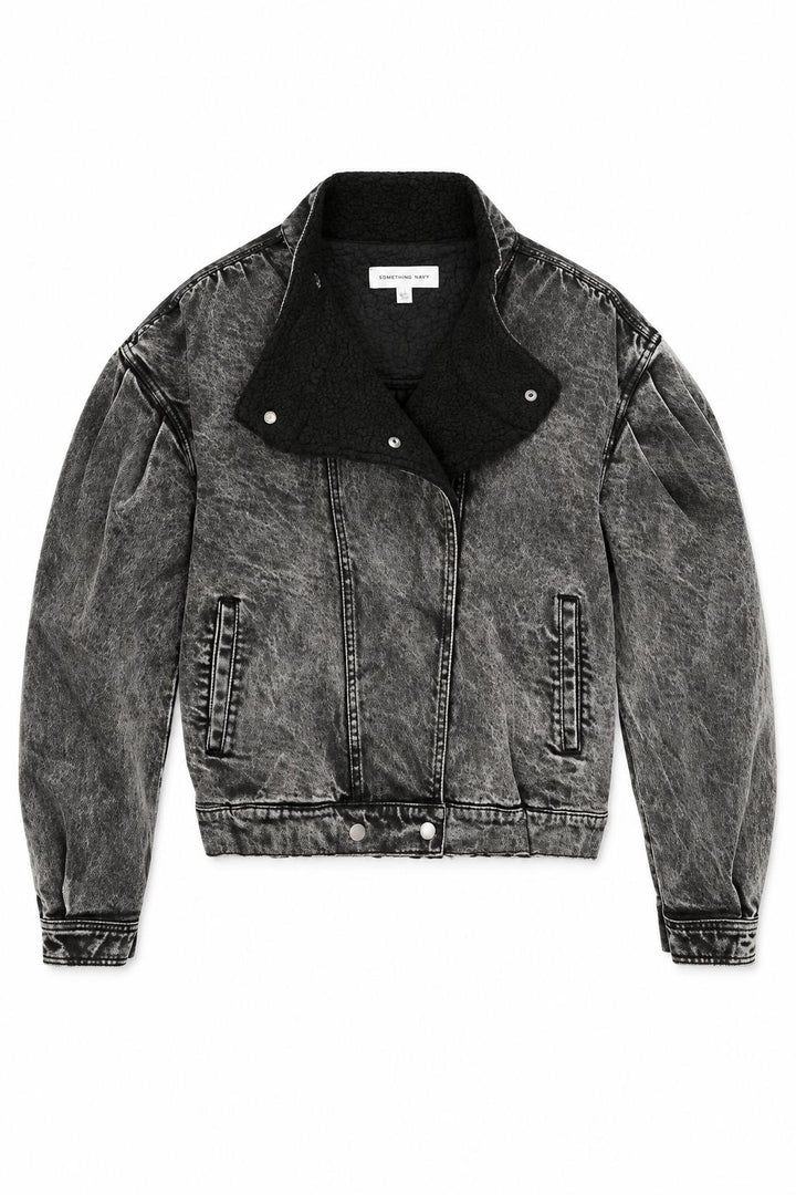 Teddy Denim Moto Jacket - Washed Black