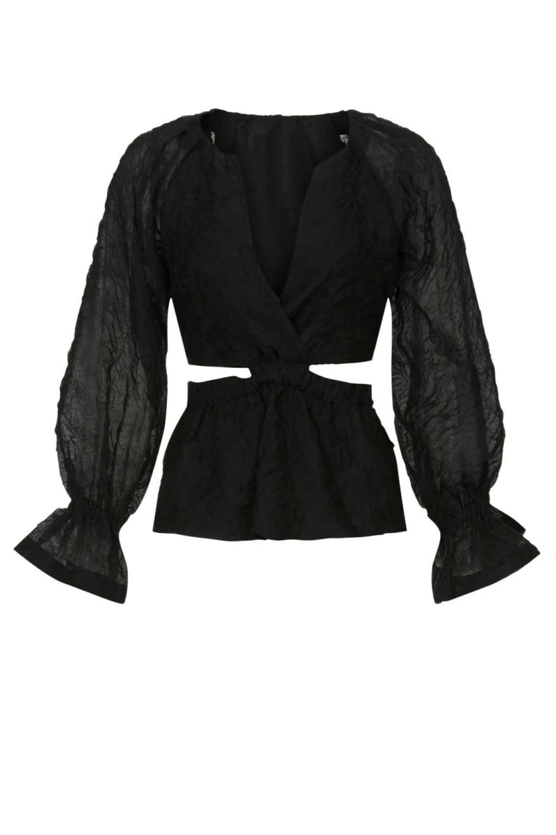 Organza Long Sleeve Wrap Top With Cutouts - Black
