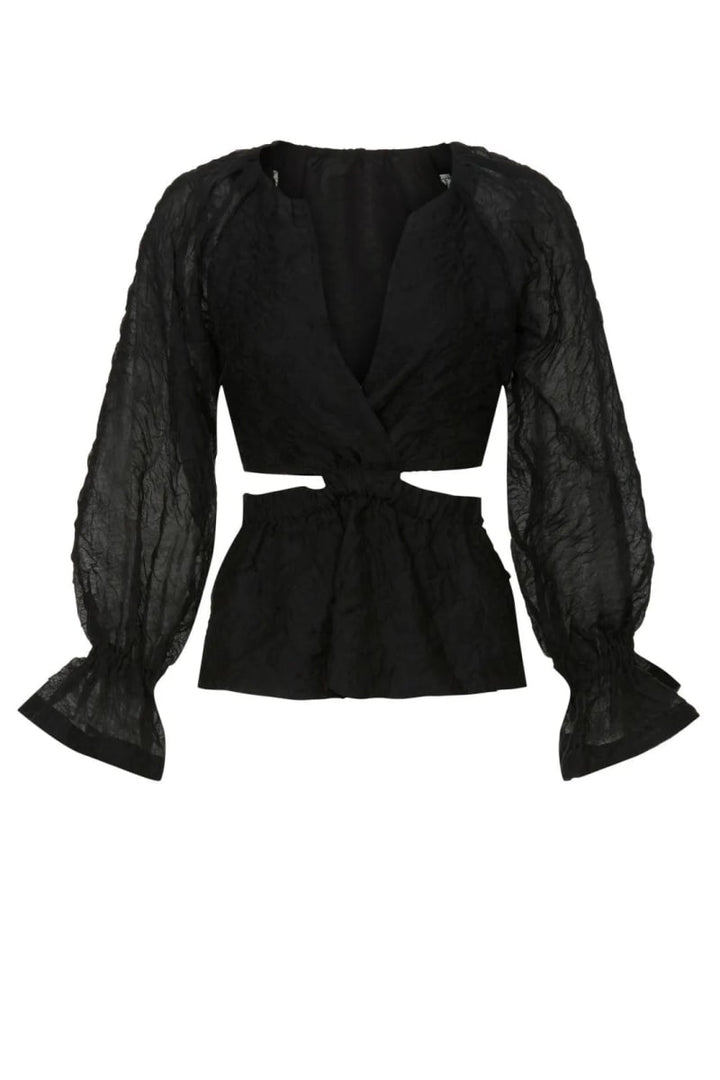 Organza Long Sleeve Wrap Top With Cutouts - Black