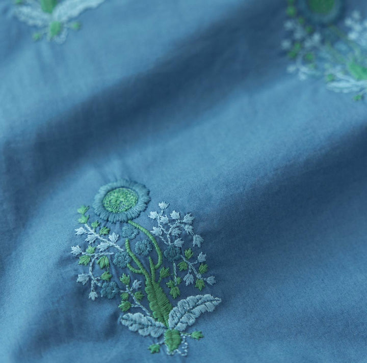 Brook Embroidered Mini Fringe Dress - Prussian Blue/Placed Floral Embroidery - FINAL SALE
