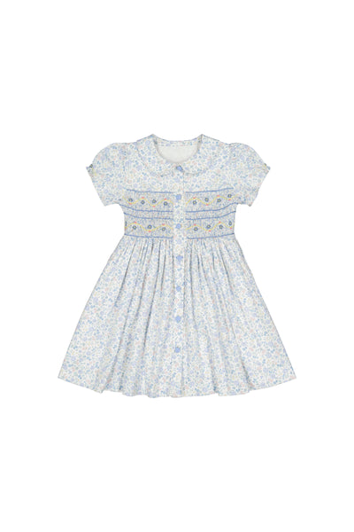 Violette Short Puff Smocked Dress - Floral Blue