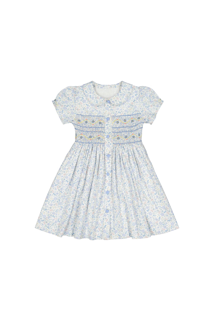 Violette Short Puff Smocked Dress - Floral Blue