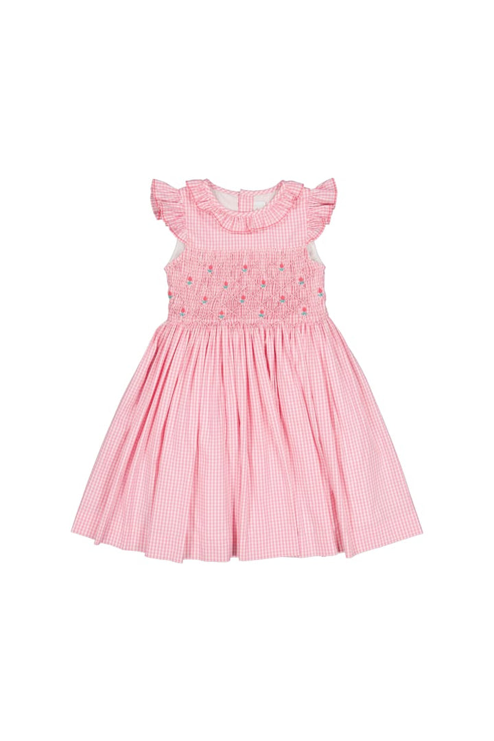 Tulip Pink Gingham Frilled Cap Sleeve Smocked Dress - Floral/Checkered