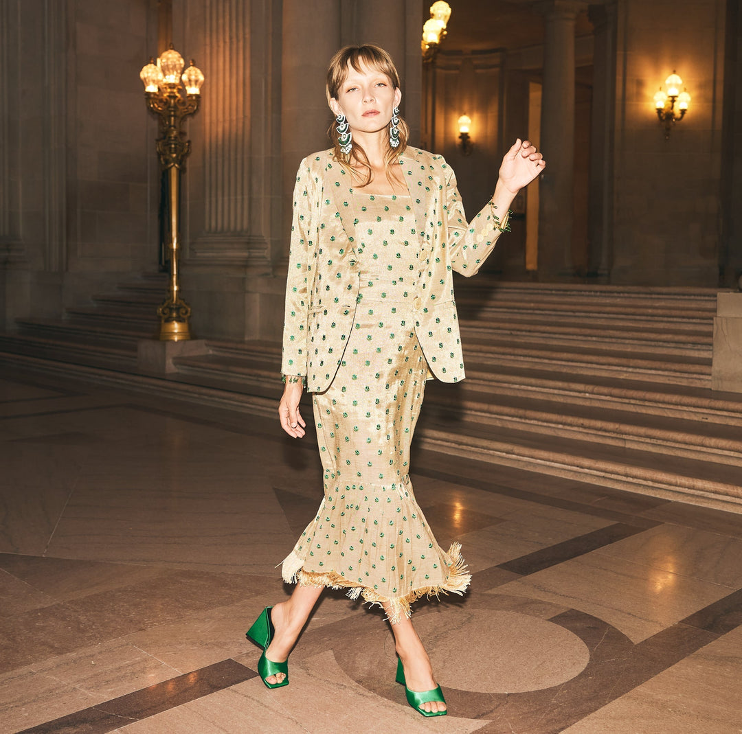 Desirae Embroidered Beaded Blazer - Light Gold/Mini Geometric Floral embroidery