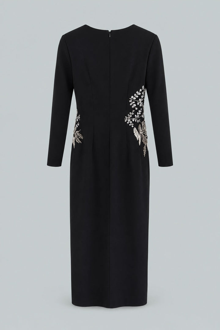 Fern Embroidered Long Sleeve Gown - Black