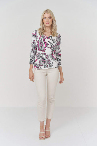 Pippa Paisley V Neck - Optic White/Fuschia Print