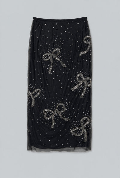 Bow-Embroidered Pencil Skirt - Black