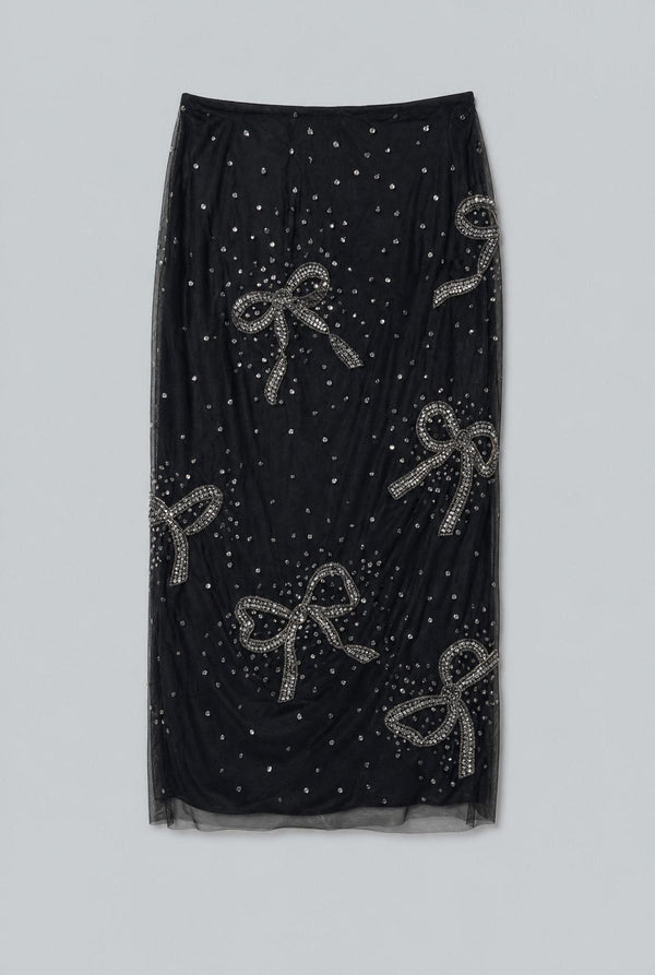 Bow-Embroidered Pencil Skirt - Black