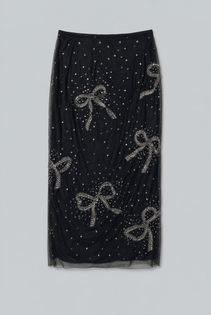 Bow-Embroidered Pencil Skirt - Black