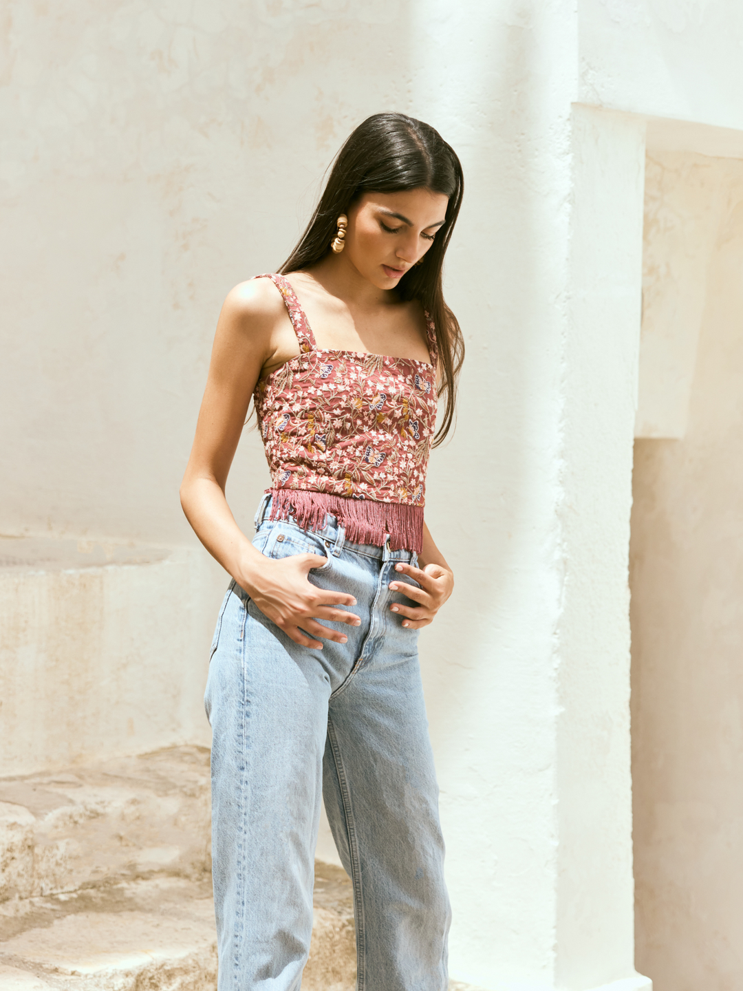 Lauren Embroidered Top With Fringe - Plum/Blush Butterfly Floral embroidery