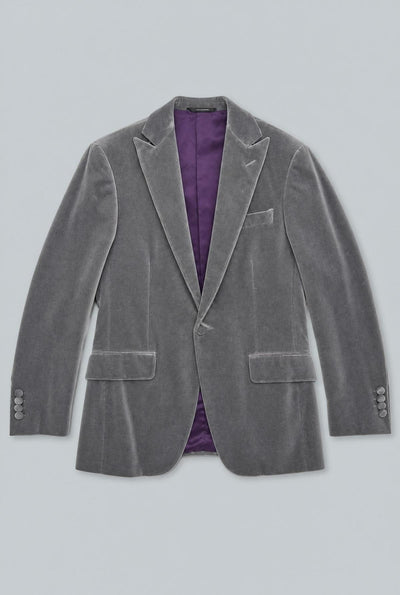 Grey Cotton Velvet 1-Button Peak Phillip Suit - Silver