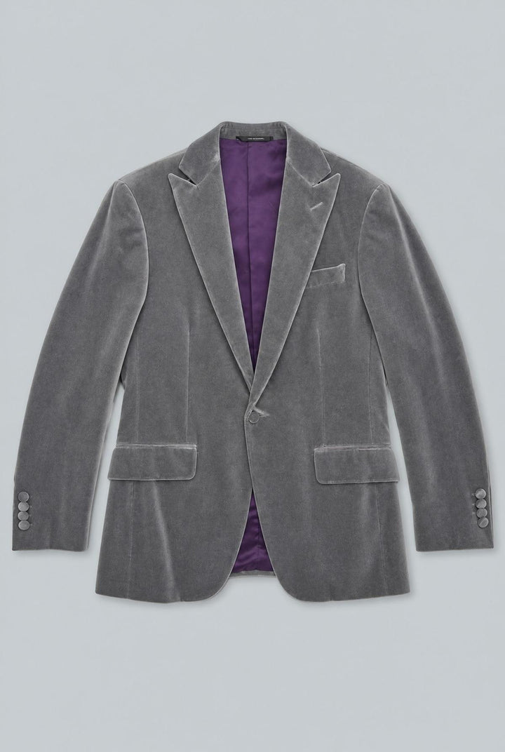 Grey Cotton Velvet 1-Button Peak Phillip Suit - Silver