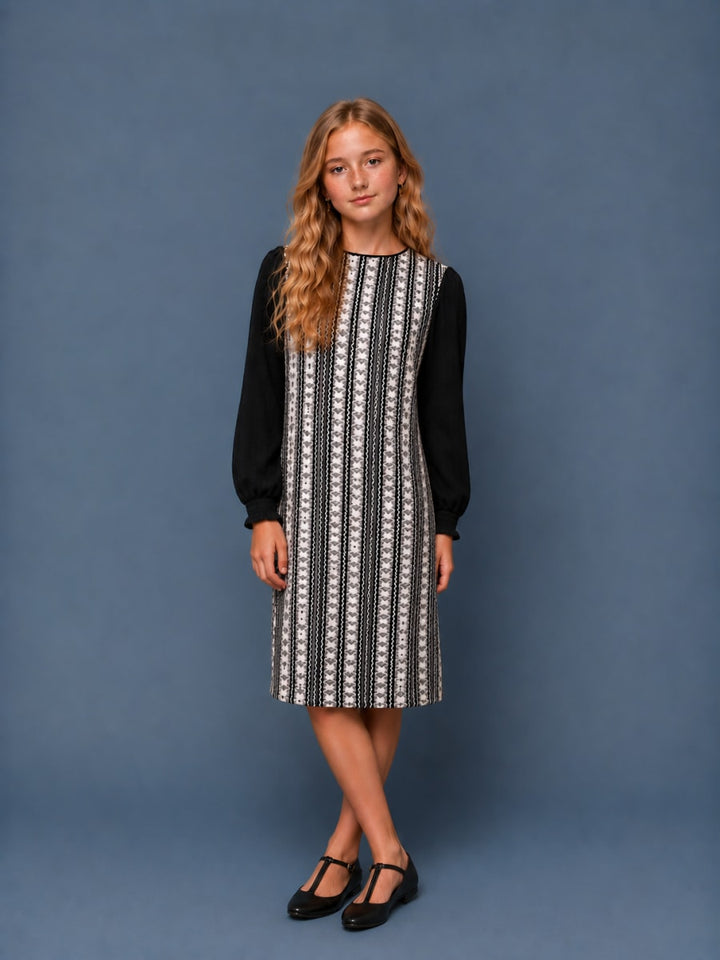 Lace Puff Sleeve Dress - Black and White