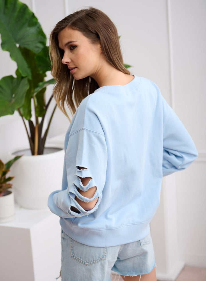 Shredded Blair Crew Neck Sweatshirt - Powder Blue