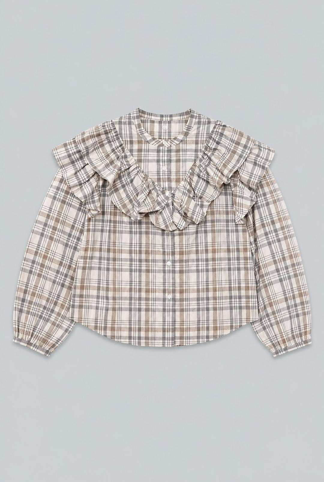 Plaid Ruffle Blouse - Gray Blue