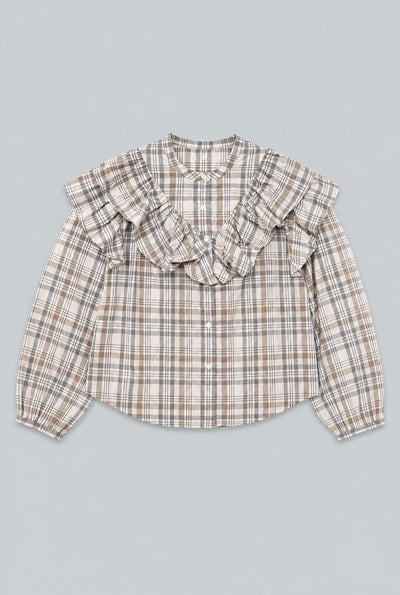 Plaid Ruffle Blouse - Gray Blue