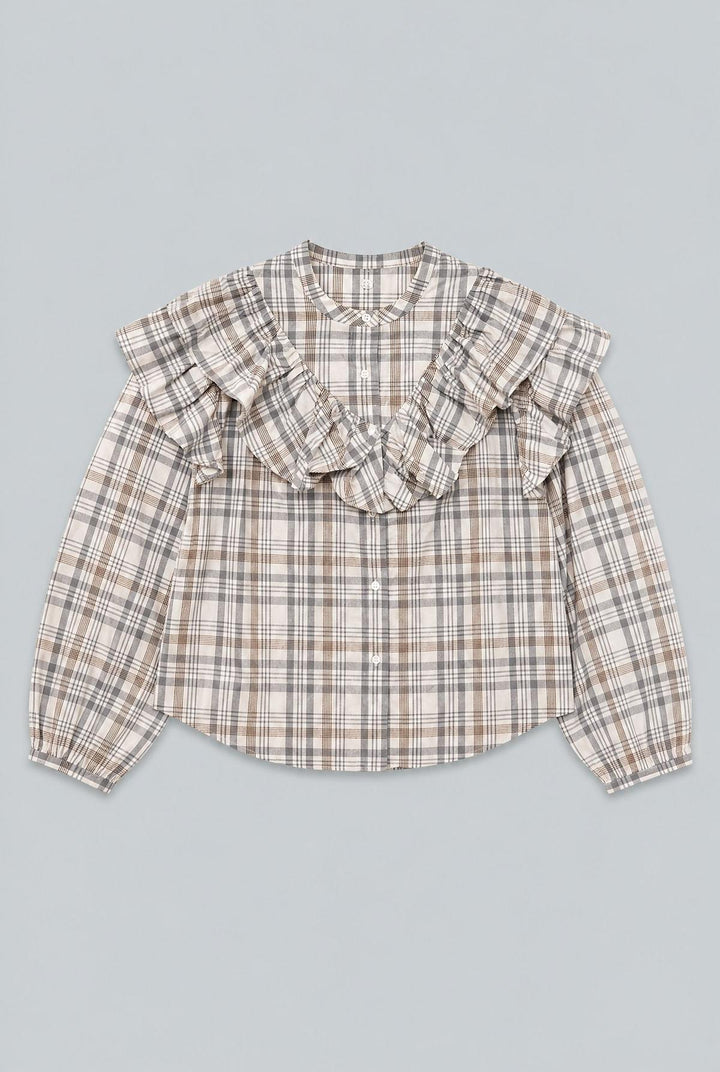 Plaid Ruffle Blouse - Gray Blue
