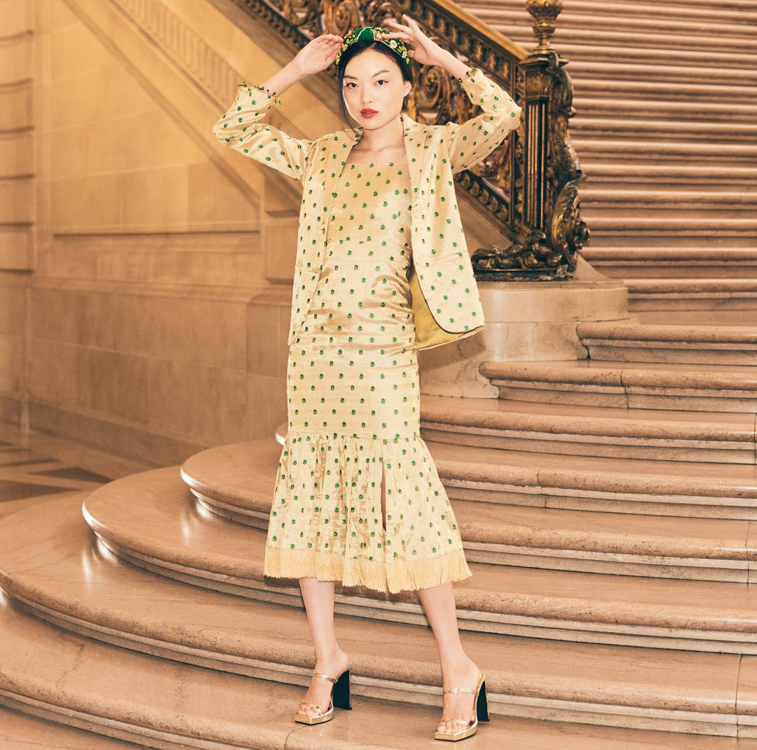 Desirae Embroidered Beaded Blazer - Light Gold/Mini Geometric Floral embroidery