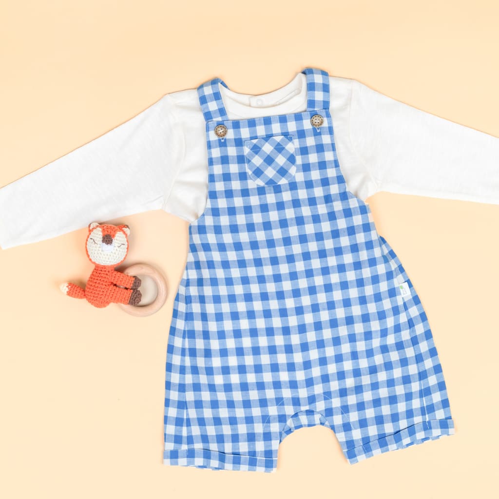 Blue Gingham Linen Shortalls - Bluebird