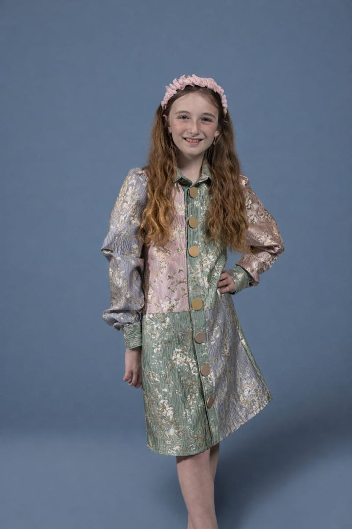 Brocade Button Dress - Pastel Gold