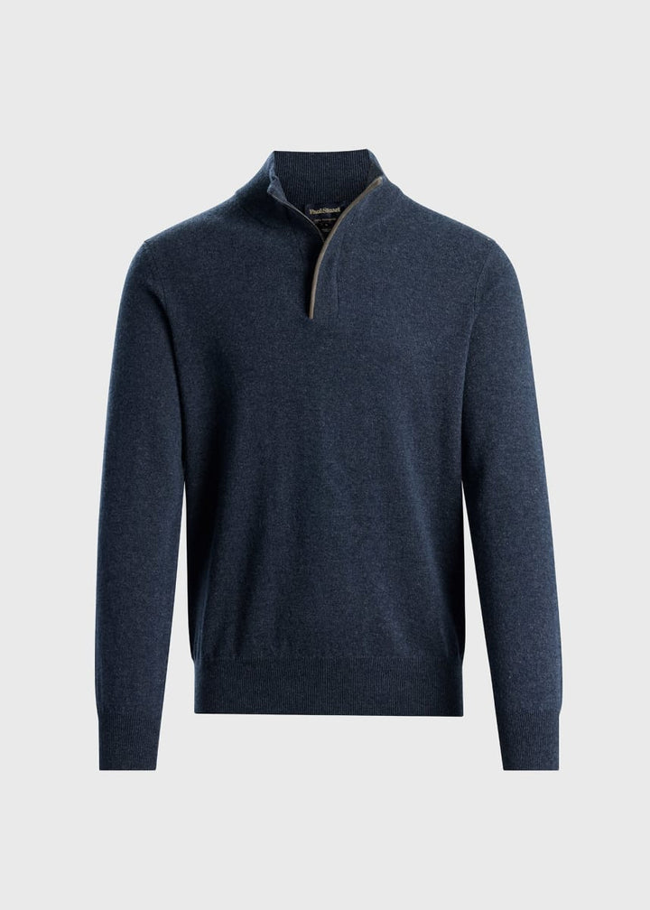 Cashmere Quarter Zip With Suede Trim - Grey