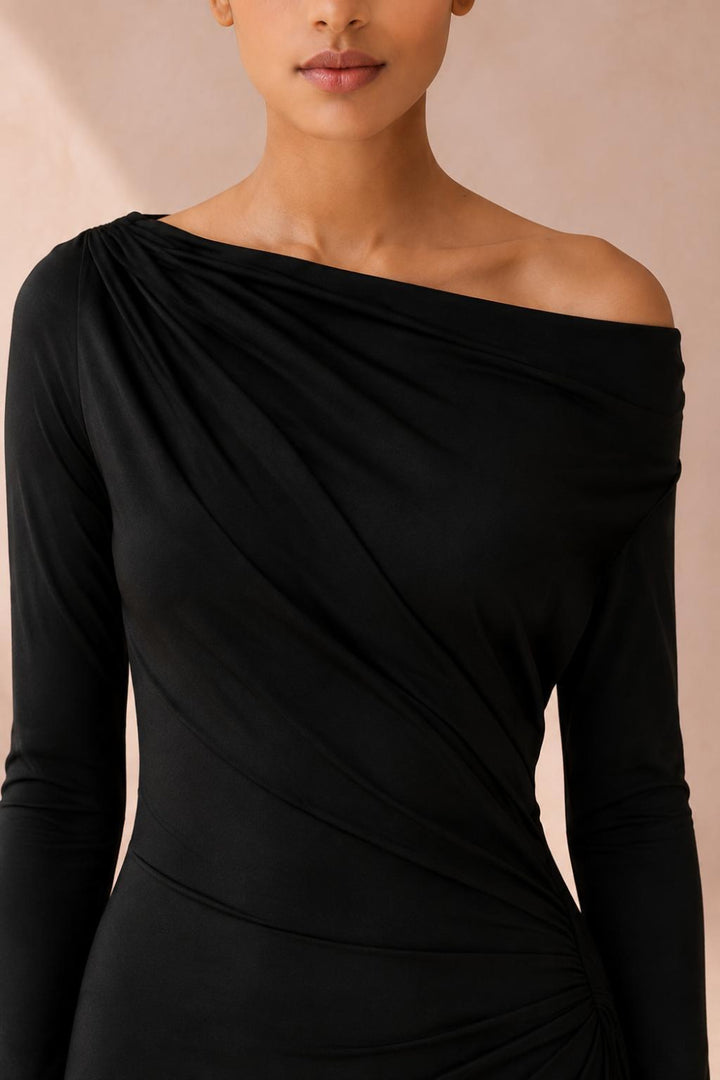 Off-Shoulder Draped Satin Gown - Black - 6 / US 2 / XS - Dresses