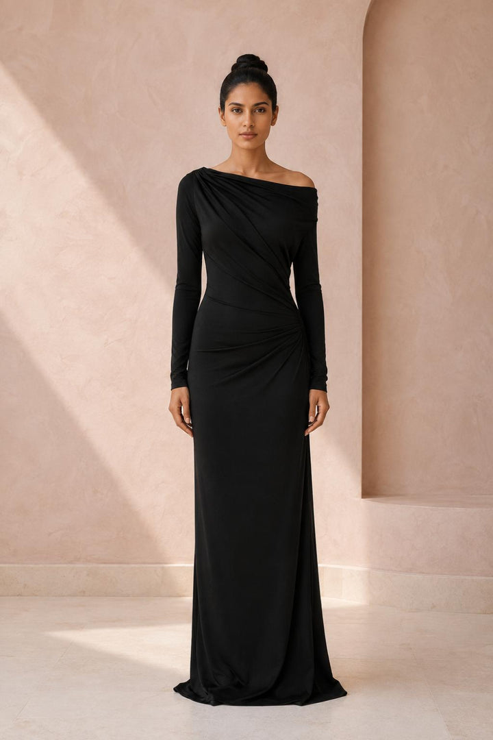 Off-Shoulder Draped Satin Gown - Black - 6 / US 2 / XS - Dresses