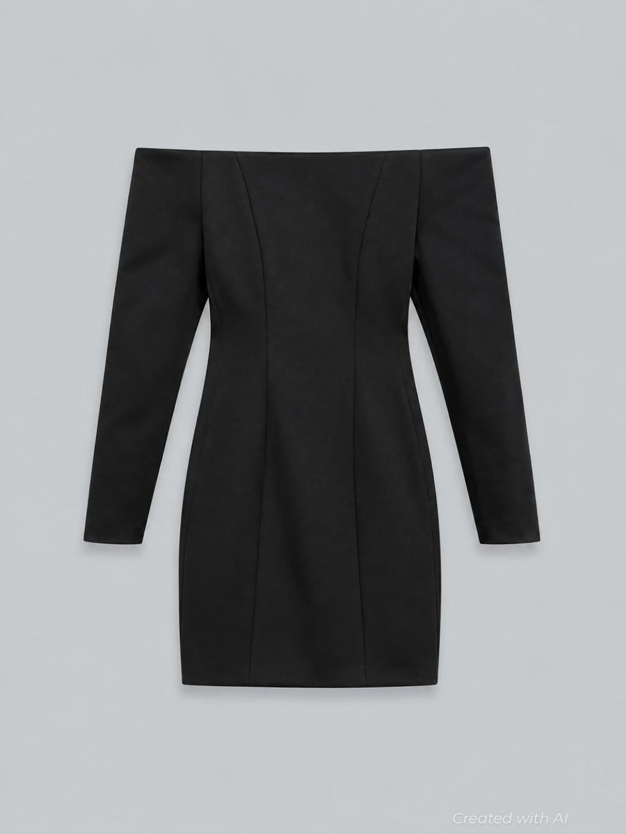 Off-Shoulder Long-Sleeve Mini Dress - Black - 42 / US 6 / M - Dresses