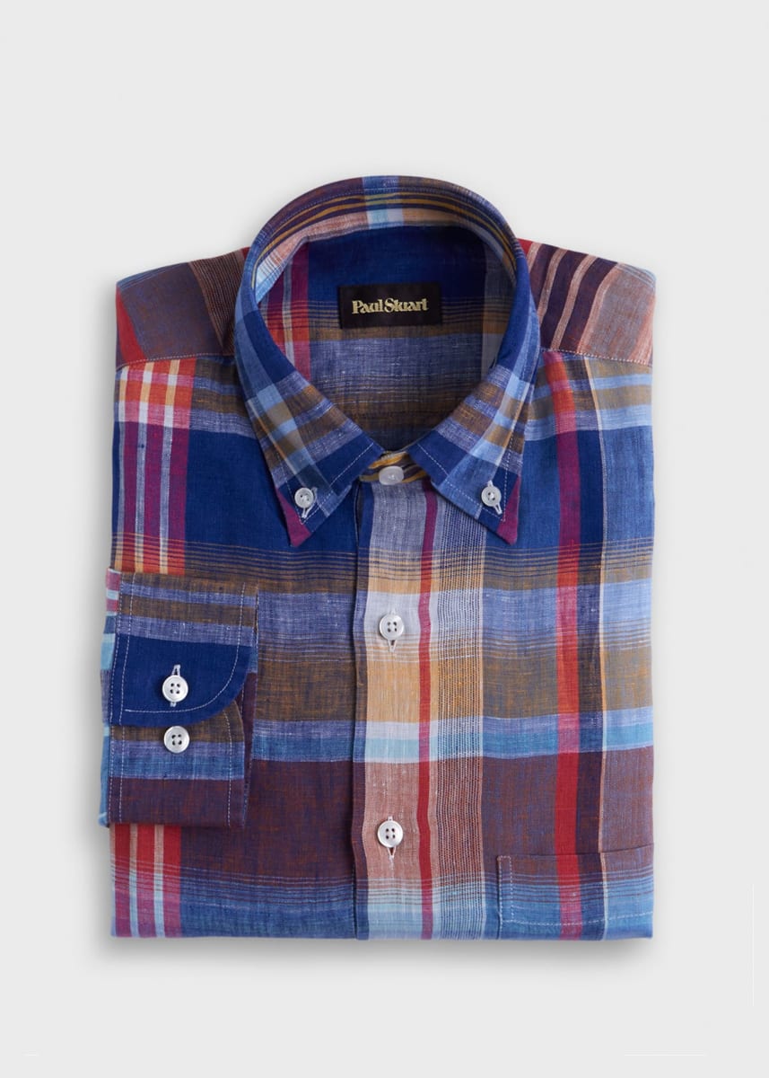 Linen Plaid Sport Shirt - Blue/Pink